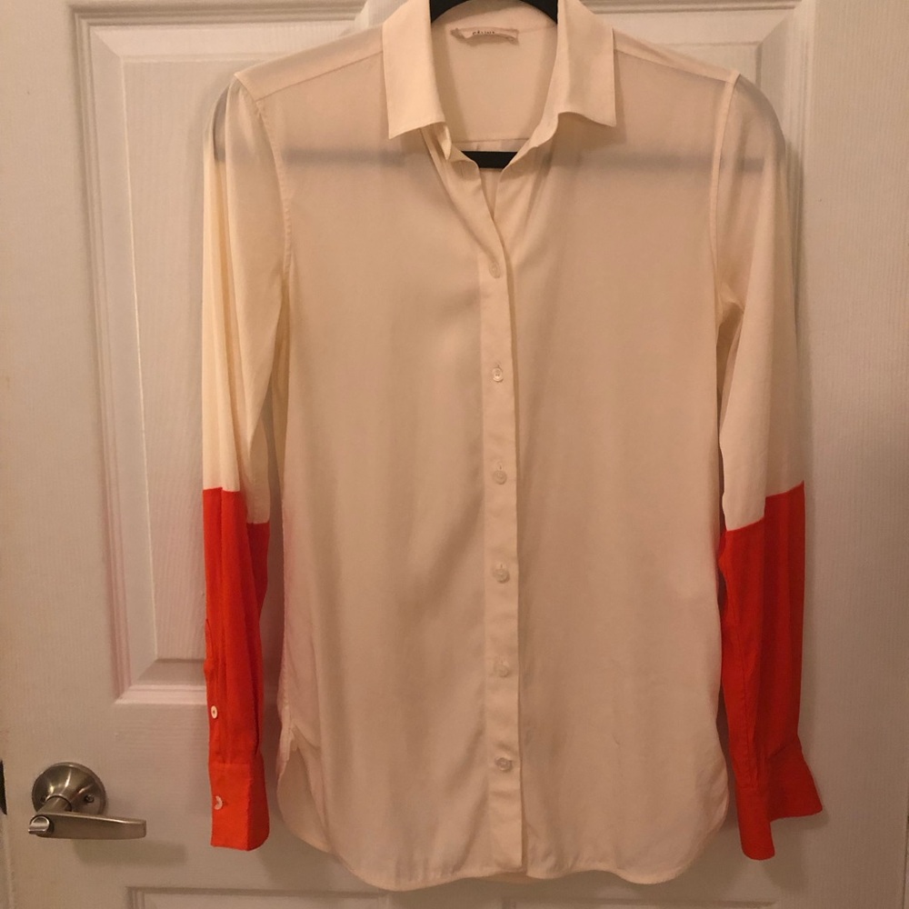 CELINE color-block button-up silk blouse, cream and orange, size EXTRA SMALL